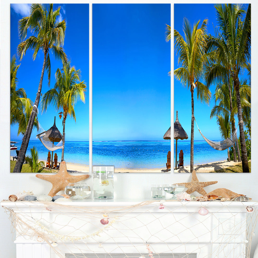 "Mauritius Beach With Chairs" Photo Canvas Art Print, 3 Panels, 36"x28"