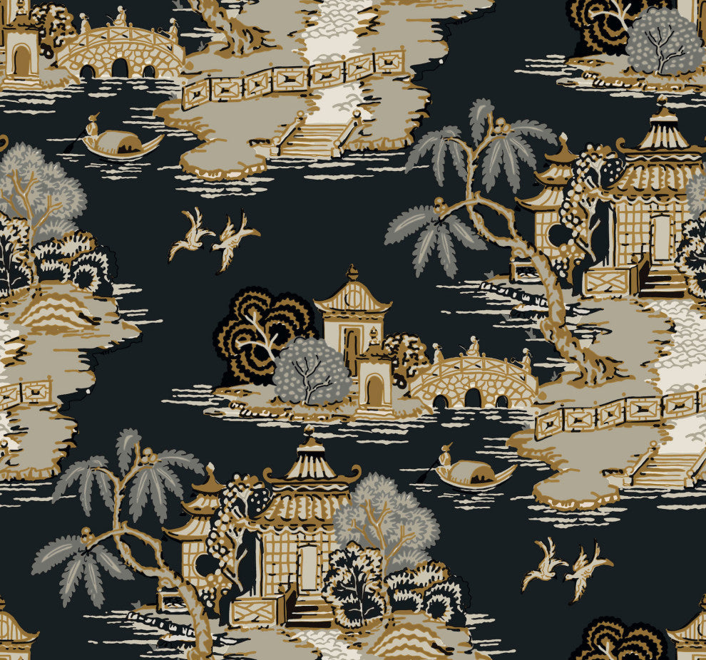 Pagoda And Sampan Scenic Black Wallpaper