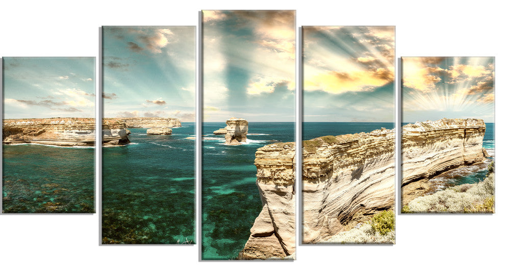 "Rocks At Great Ocean Road Victoria" Seascape Art Canvas, 5 Panels, 60"x32"