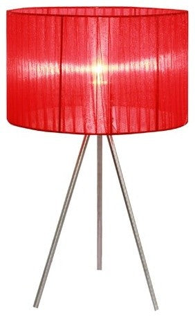 Simple Designs Brushed Nickel Tripod Table Lamp, Pleated Silk Sheer Red Shade
