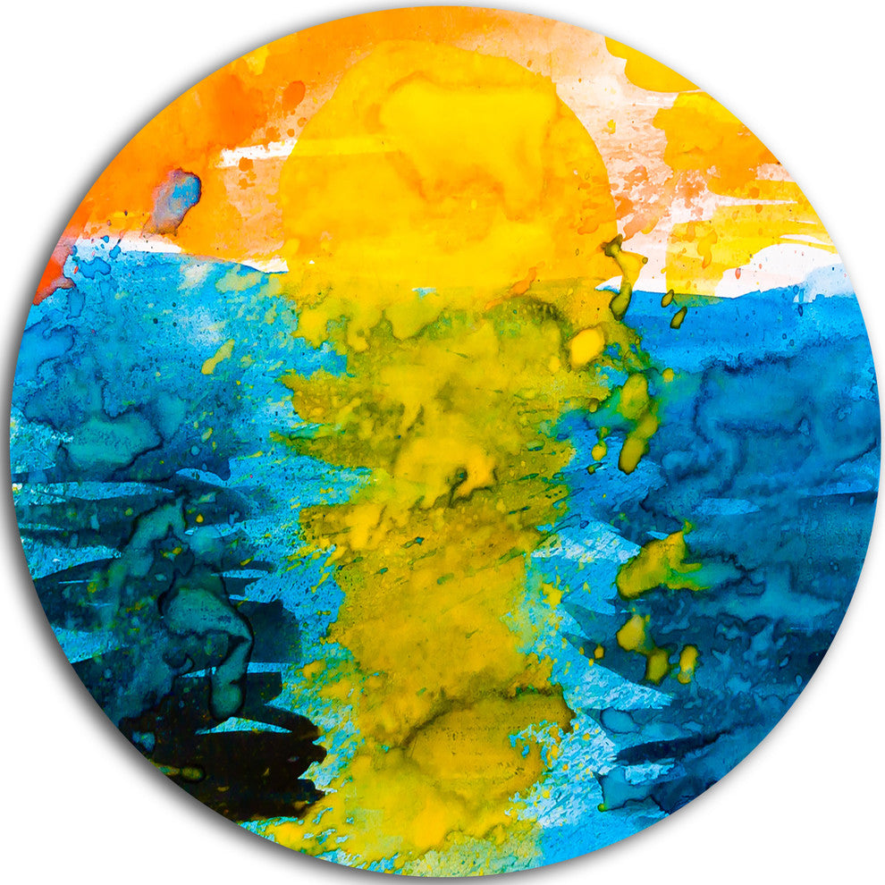 Sea Texture In Yellow Blue, Abstract Painting Round Metal Wall Art, 23"