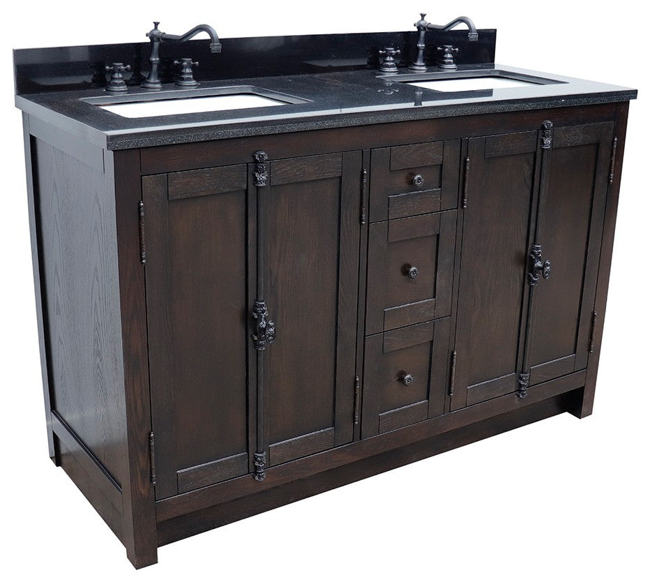 55" Double Vanity, Brown Ash Finish With Black Galaxy Top