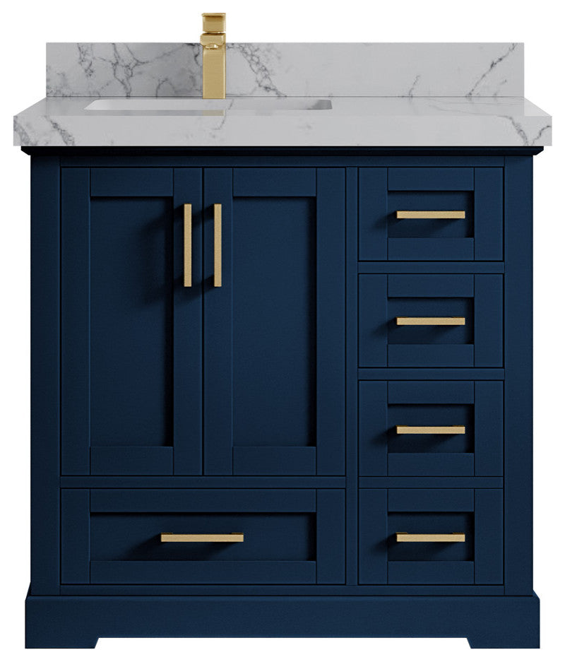 Boston 36 Left Offset Bath Vanity in Navy Blue 2" Venatino Quartz