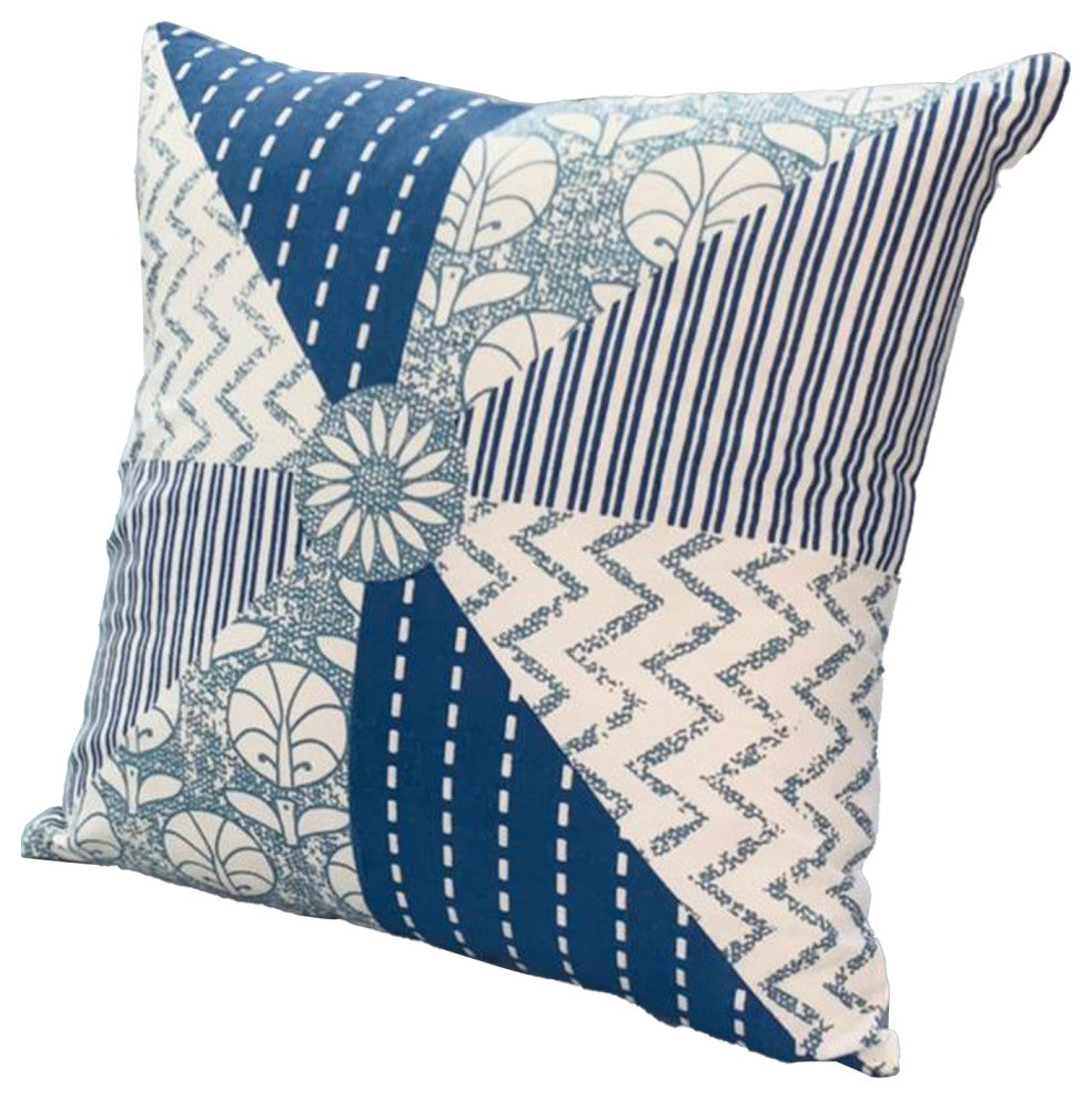 Benzara UPT-268970 Accent Pillow, Geometric Pattern, Cotton Cover, Blue/White