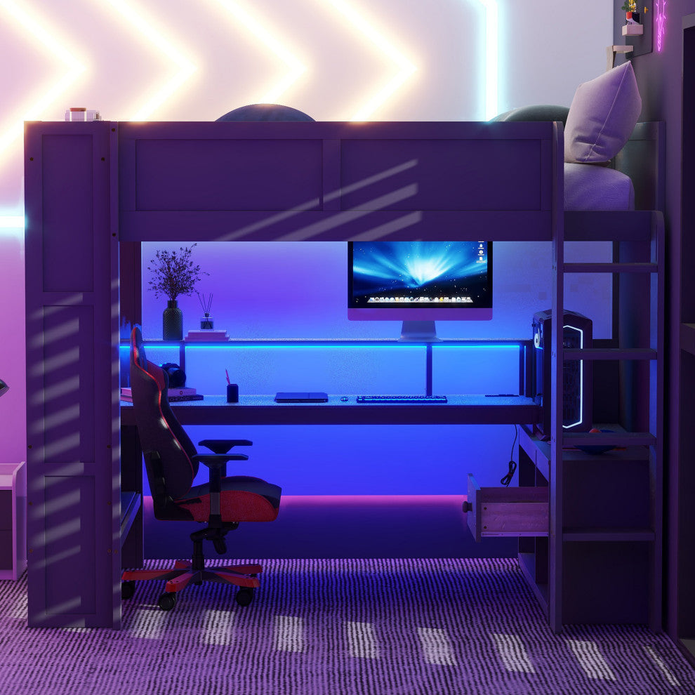 Gewnee Wood Full Size Gaming Loft Bed with Desk