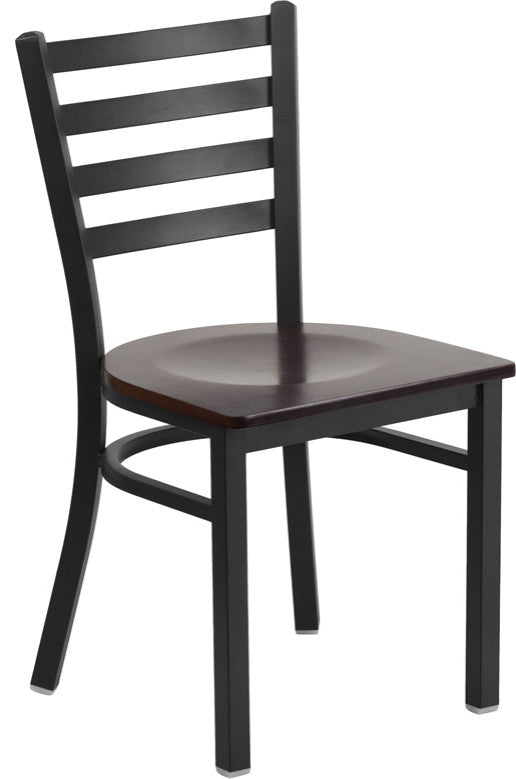 Black Ladder Back Metal Restaurant Chair, Walnut Wood Seat