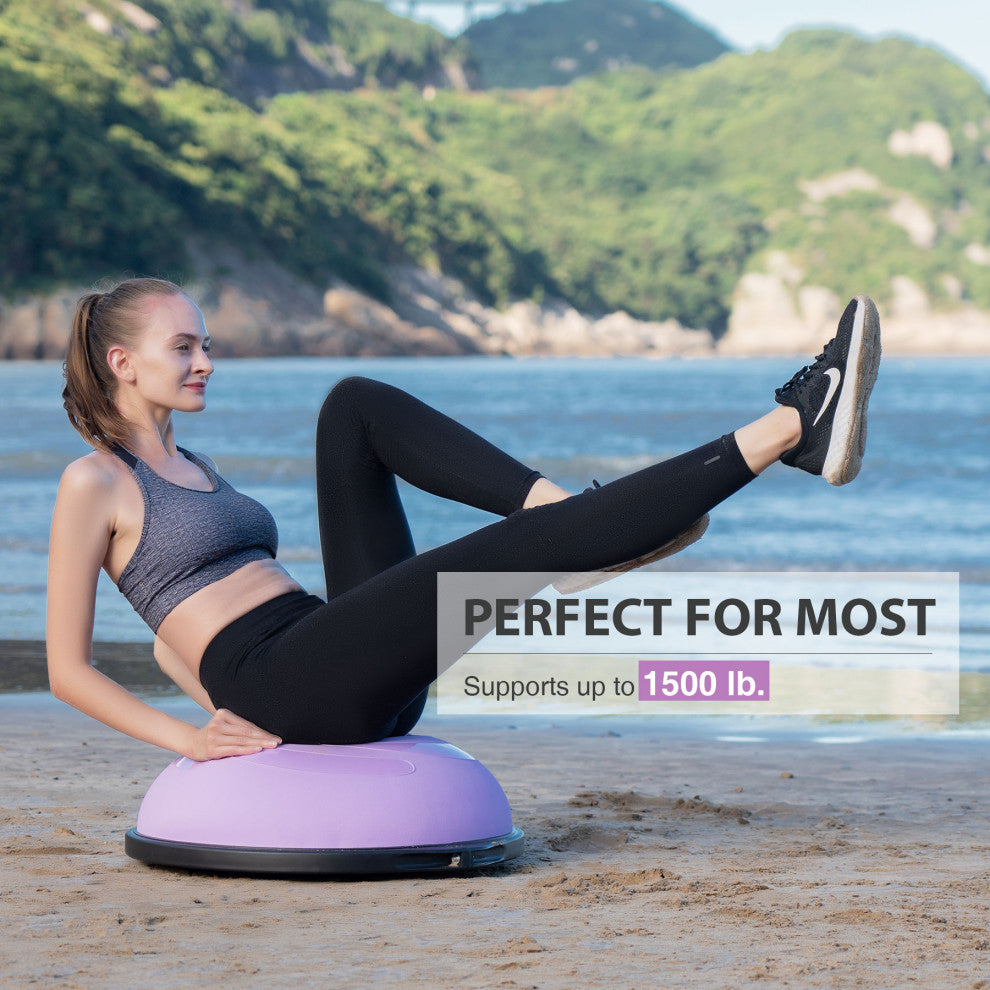 Balance Board Half Yoga Ball, Wobble Board With 2 Resistance Bands, Pump, Purple