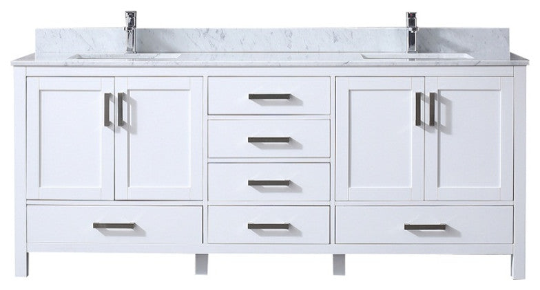 80" White Double Vanity, White Carrara Marble Top, White Sinks, No Mirror