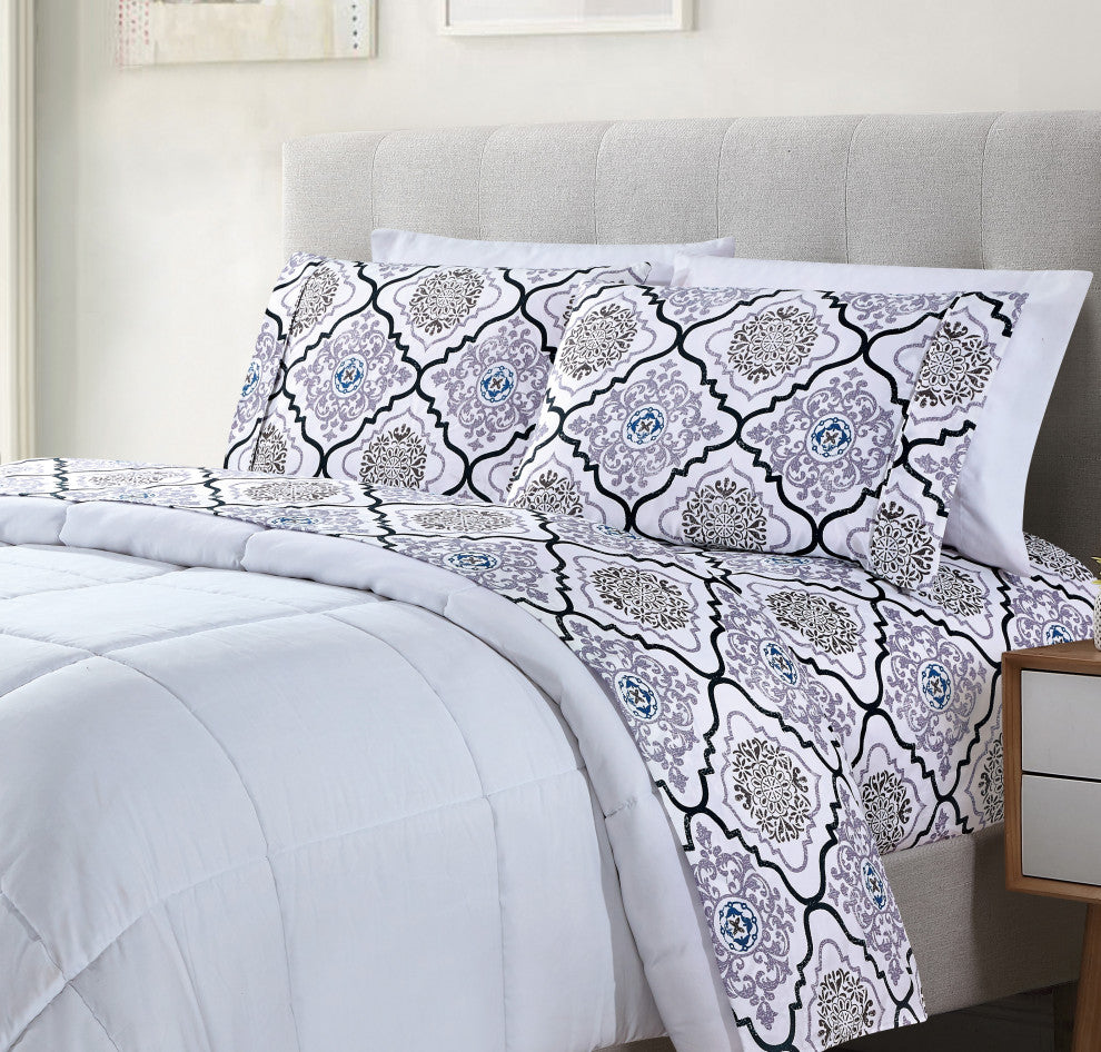 Bibb Home 4 Piece Printed Microfiber Sheet Set, Lilac Medallion, Twin