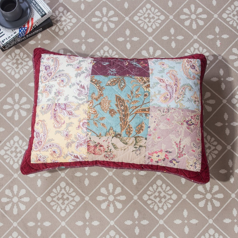 Bohemian Burgundy Red Velvet Trim Floral Paisley Patchwork Bedspread Set, King