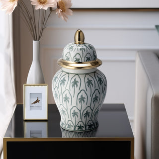 Ceramic 10"H Temple Jar, Green/Gold