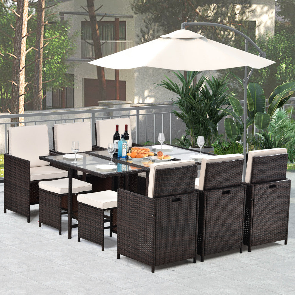 11 Pieces Outdoor Patio Wicker Furniture Dining Set Sectional With Ottomans