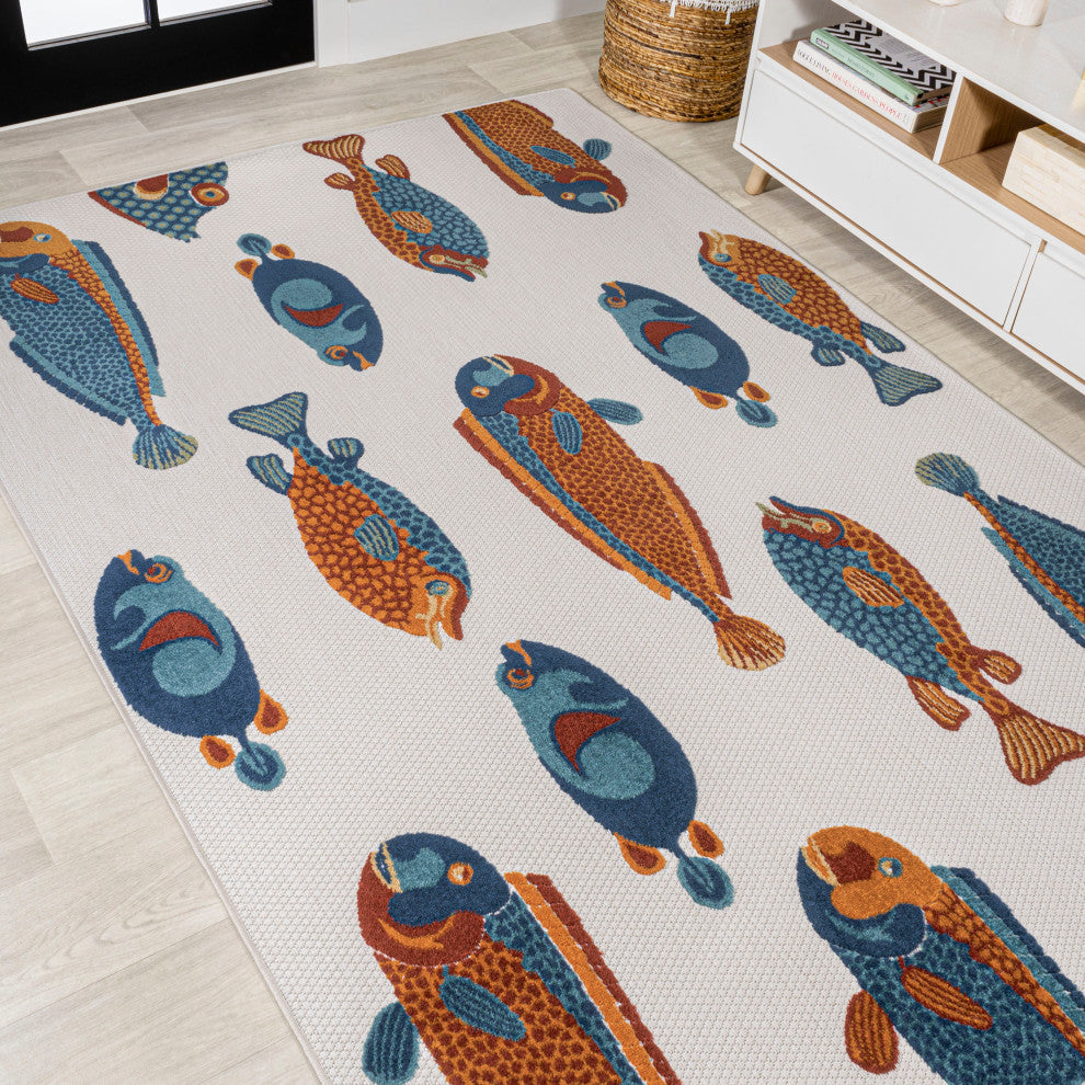 Algarve Modern Fish High-Low Indoor/Outdoor Area Rug, Navy/Orange/Cream, 5 X 8