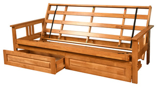 Caleb Frame Futon With Butternut Finish, Storage Drawers, Oregon Trail Java