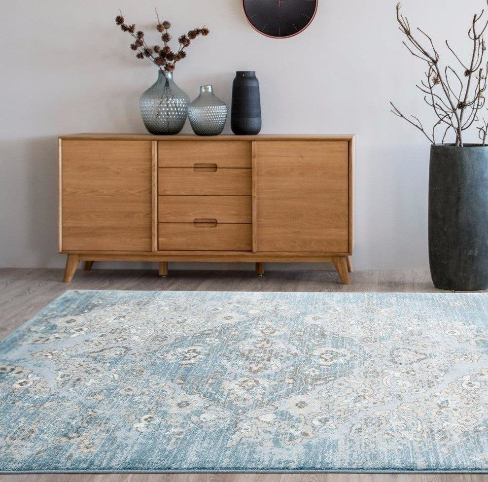Persian Rugs Distressed Vintage Antique Area Rug, Blue, 6'5"x9'2"