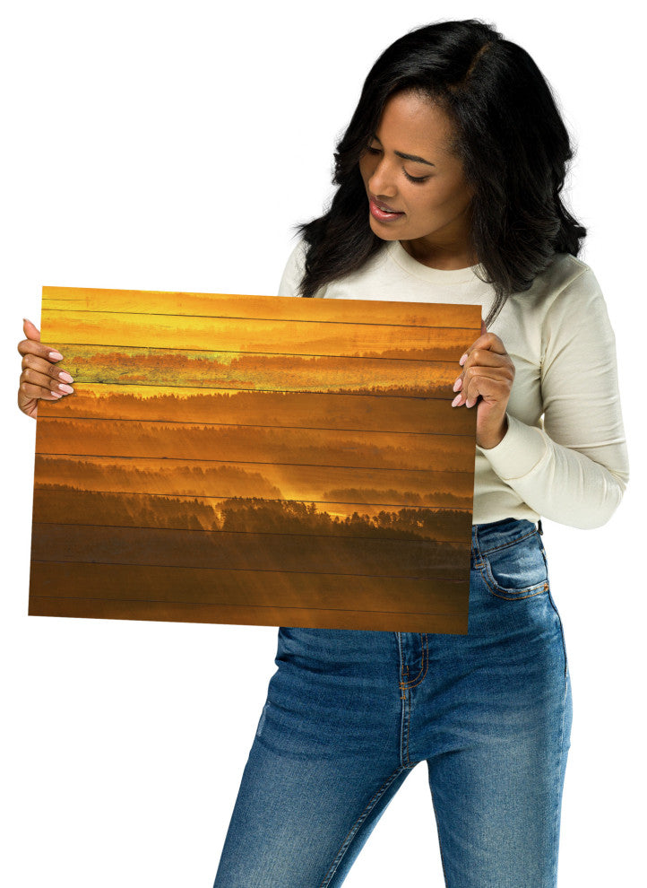 Faux Wood Golden Mist Valley - Hills & Mountain Range Wall Art Prints, 12" X 16"