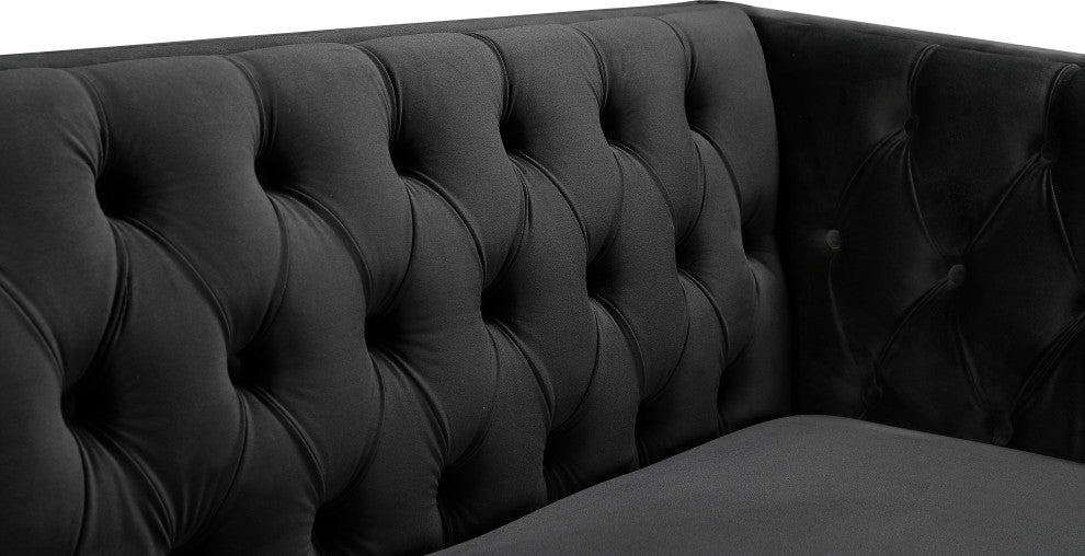 Michelle Fabric Upholstered Chair, Gold Iron Legs, Black, Velvet, Loveseat