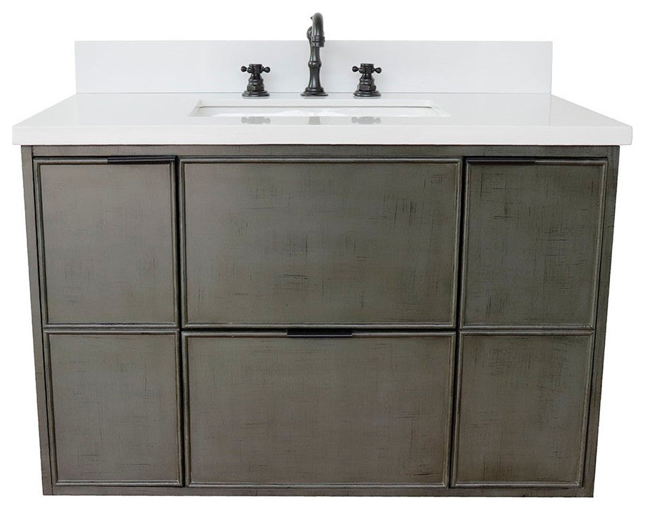 37" Single Wall Mount Vanity, Linen Gray Finish With White Engineered Stone Top