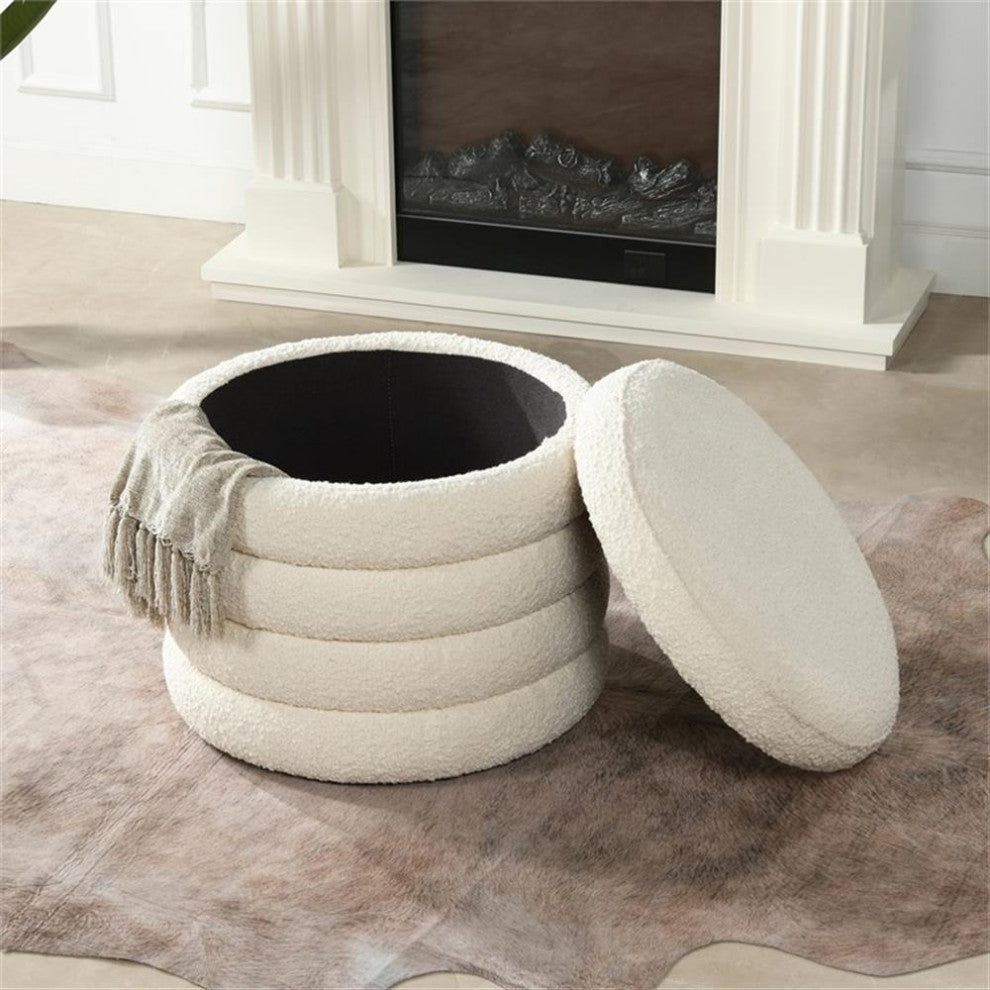 Fuji 22" Upholstered Boucle Round Storage Ottoman Ivory White