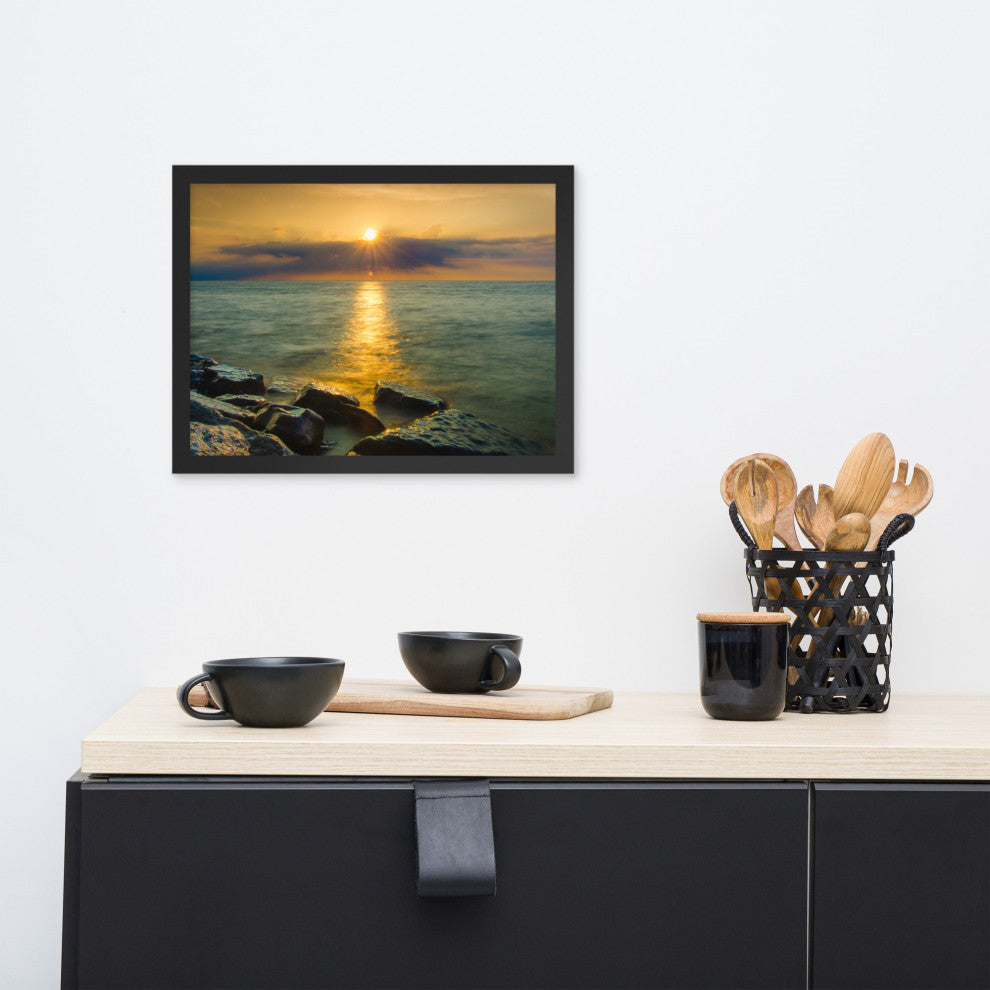 Sun Ray on the Water Coastal Landscape Framed Photo Paper Wall Art Print, Black, 12" X 16"
