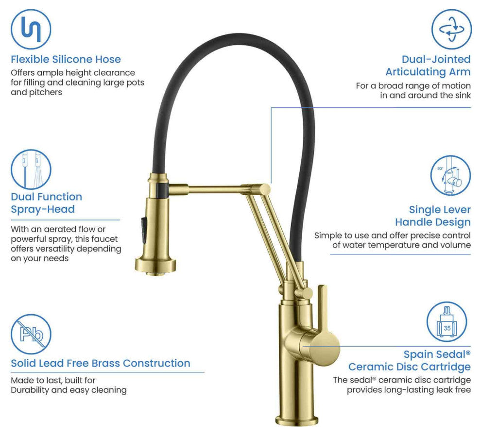 Engel Single Handle Pull Down Kitchen Faucet, Brushed Gold