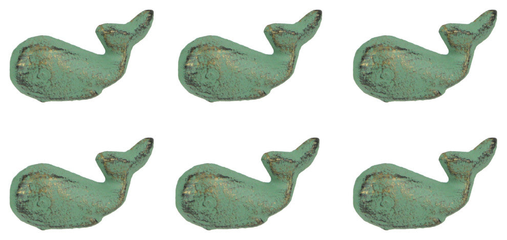 Set of 6 Verdigris Green Cast Iron Whale Drawer Pulls Bathroom Cabinet Knobs