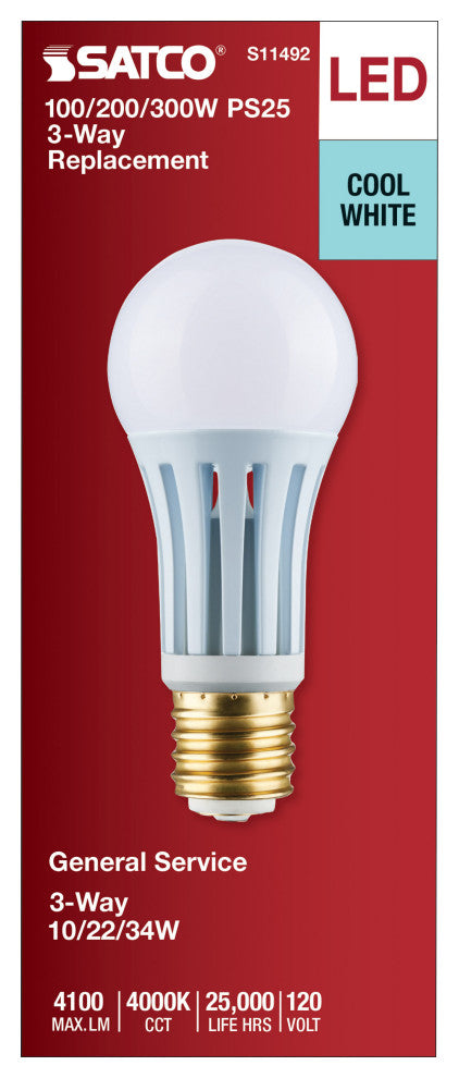 10/22/34W PS25 LED Three-Way Lamp, E39d Mogul Base, 4000K, White Finish, 120
