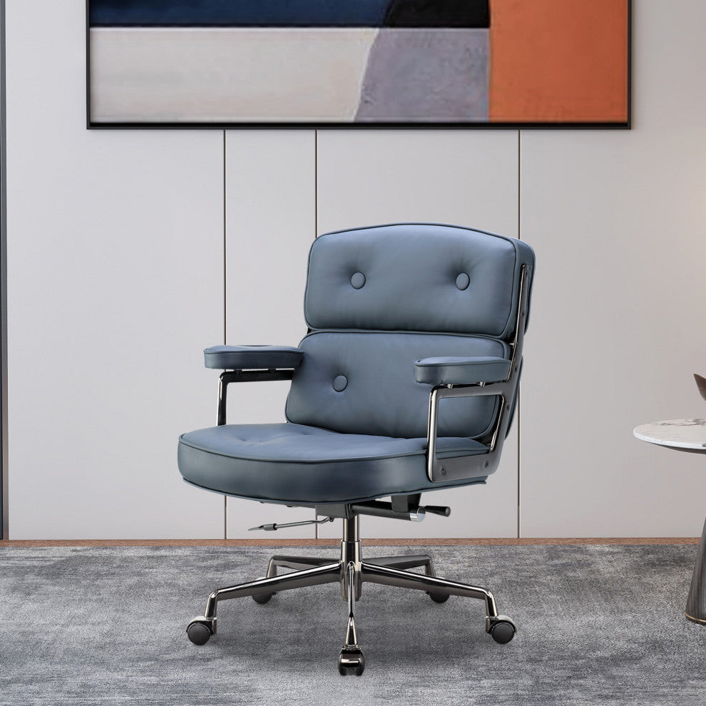 Lobby Mid Back Computer Office Desk Chair, Black Chrome& Navy Blue