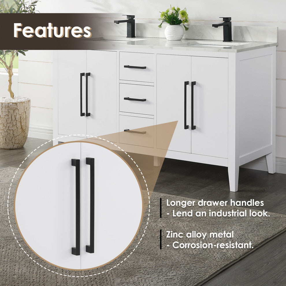 Laurel Bathroom Vanity with Calacatta White Quartz Stone Countertop, White, 60", Without Mirror