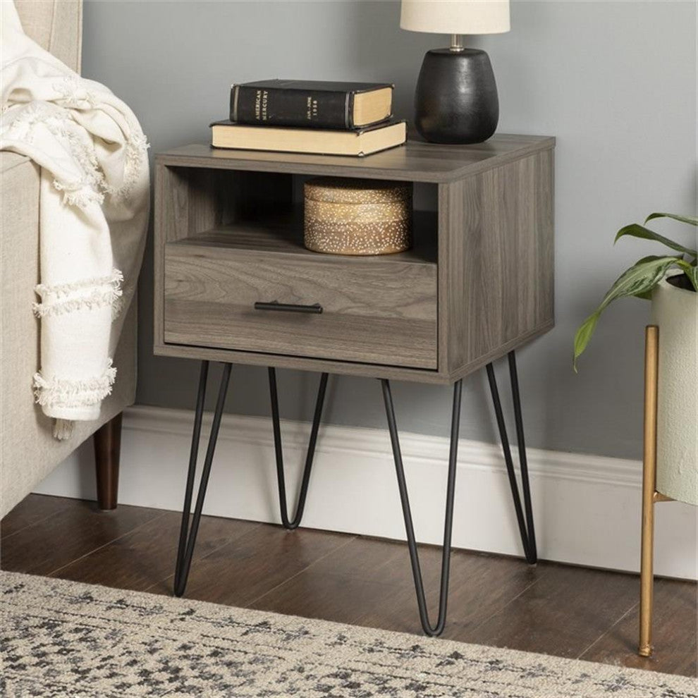 Pemberly Row 18" Single Drawer Hairpin Leg Bedroom Nightstand in Slate Gray