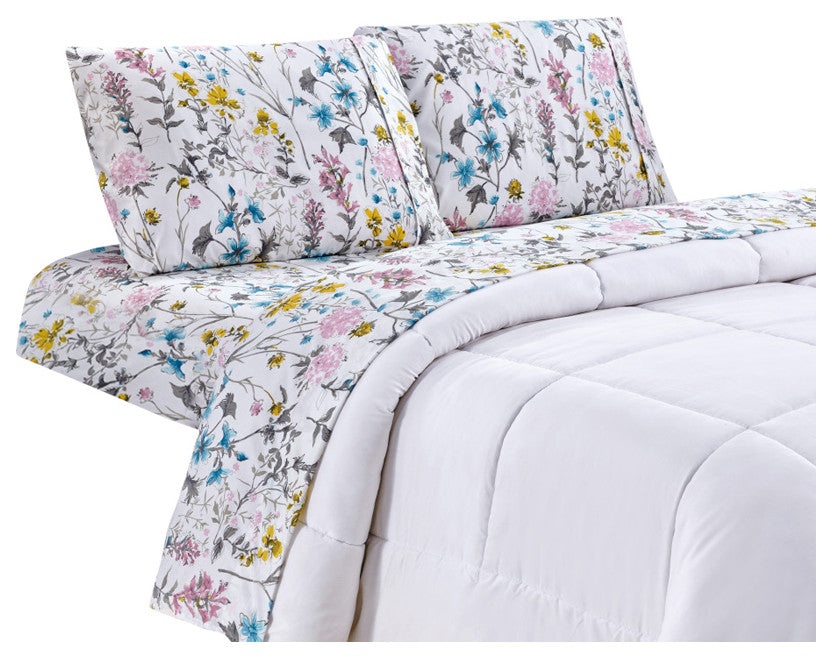 Bibb Home 4 Piece Printed Microfiber Sheet Set, Elegant Floral, Twin