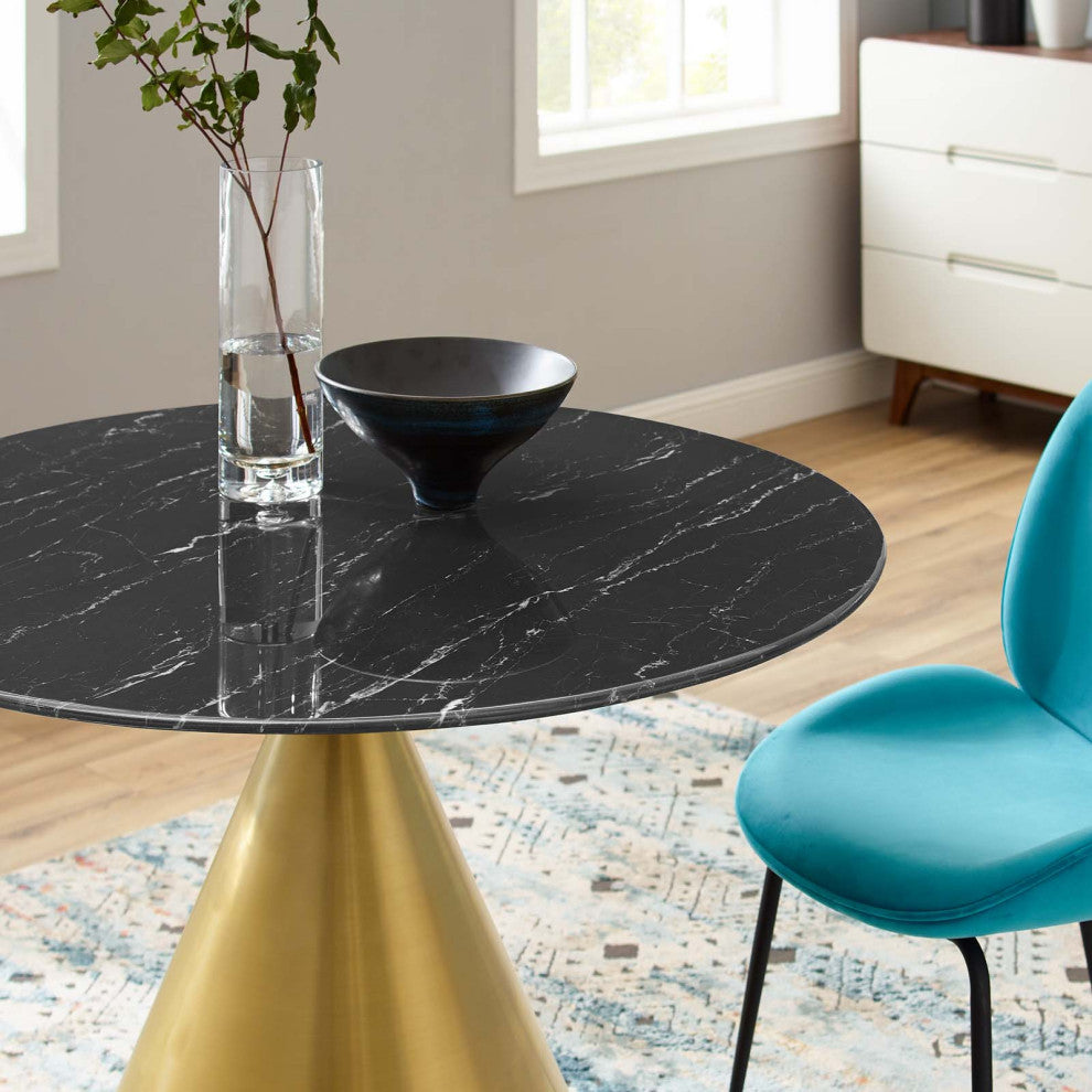 Dining Table, Round, Artificial Marble, Metal, Gold Black, Modern, Cafe Bistro