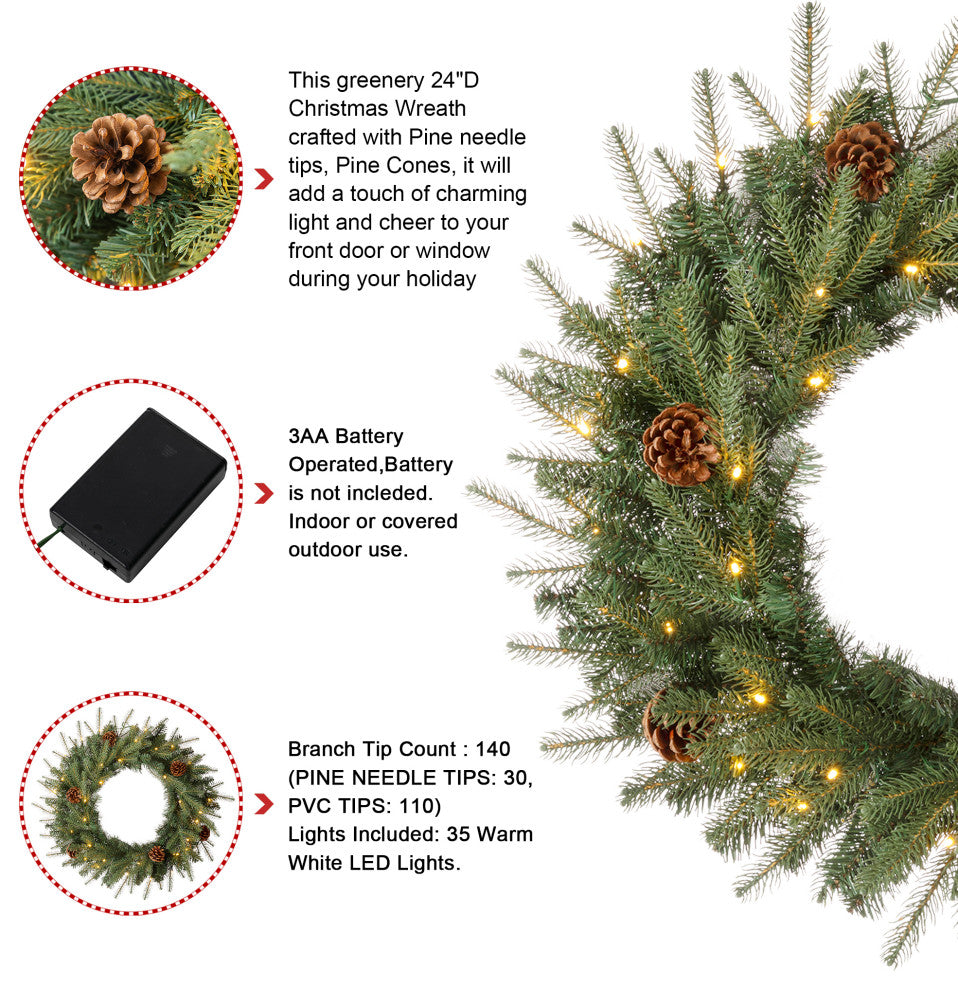 24"D Pre-Lit Greenery Pine Cone Christmas Wreath With Warm White LED Light