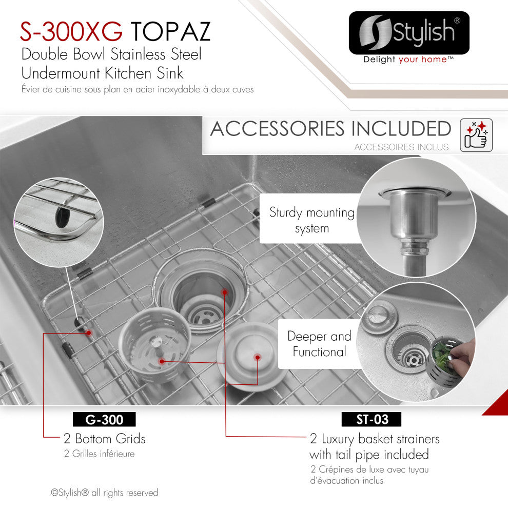 STYLISH 28"L x 18"W Undermount Kitchen Sink Double Bowl with Grids and Strainers