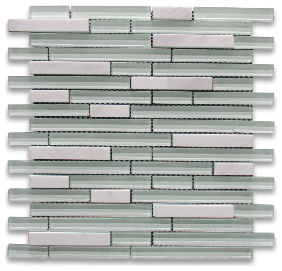 Glass Mosaic Tile White Glass White Marble Brick Cane Backsplash, 1 sheet