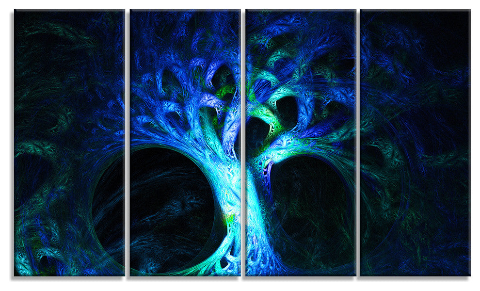 Magical Blue Psychedelic Tree, Abstract Canvas Art Print, 48"x28", 4 Panels