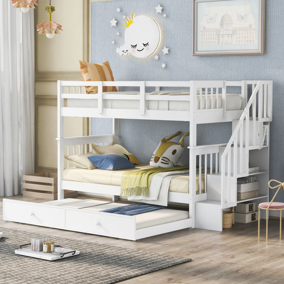Gewnee Wood Twin-Over-Twin Bunk Bed with Trundle and Stairway in White