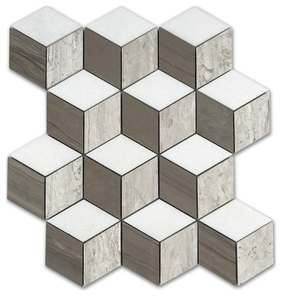 Athens Silver Cream Marble 3D Cube Diamond Geometry Hex Mosaic Tile, 1 sheet