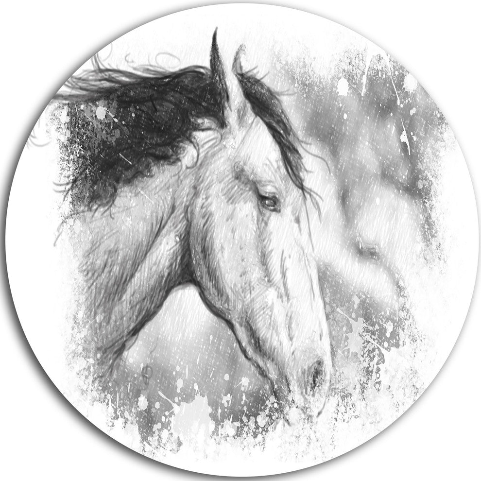 Horse Tattoo Art, Animal Digital Art Round Metal Wall Art, 23"