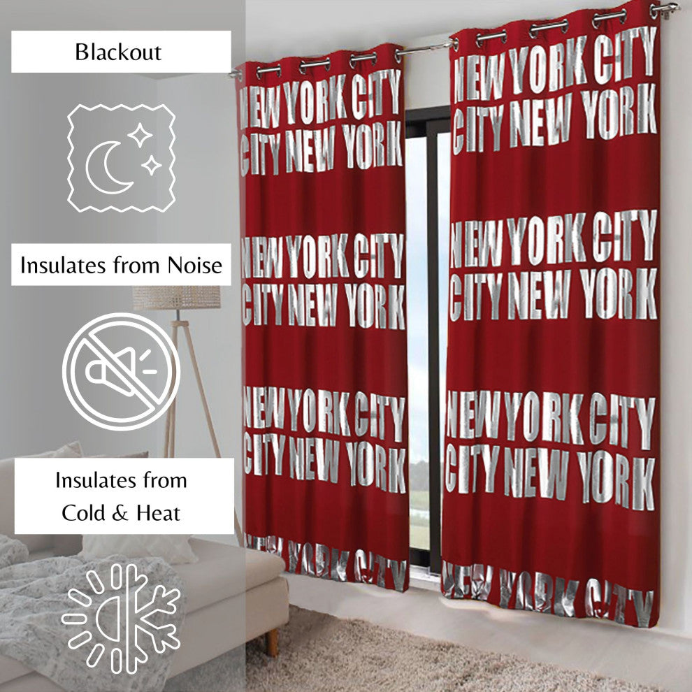 New York City Blackout Curtain Panel, Room Darkening Drapery, 102x55 Inch, Red, 1 Panel