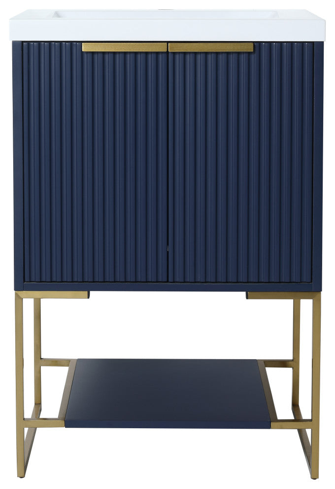 Plywood Freestanding Bathroom Vanity Set with White Ceramic Sink , Navy Blue, 24