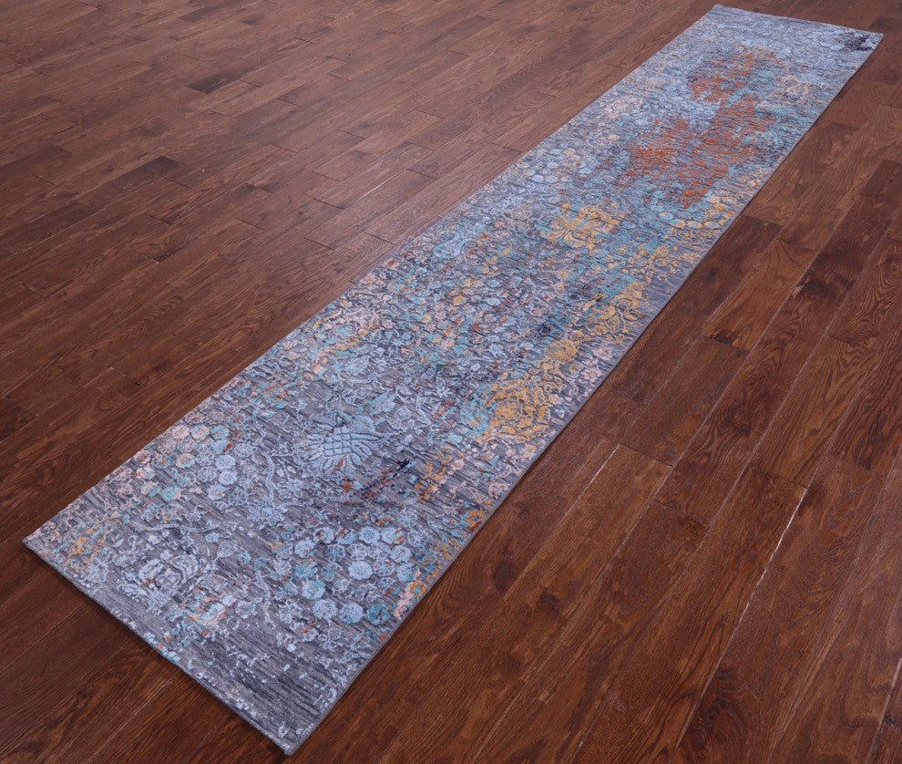 Runner Hand-Knotted Modern Wool and Silk Rug 2' 6" X 12' 0" Q11828