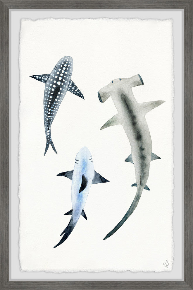 "Shark Trio" Framed Painting Print, 20"x30"