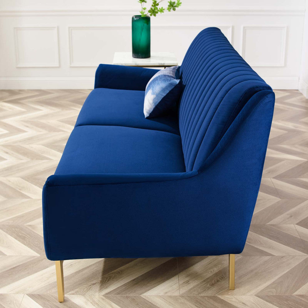 Tufted Sofa, Velvet, Blue Navy, Modern, Living Lounge Hotel Lobby Hospitality