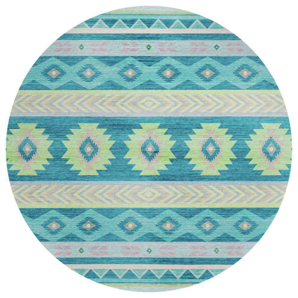 Indoor/Outdoor Phoenix PH3 Teal Machine Washable 8' x 8' Round Rug