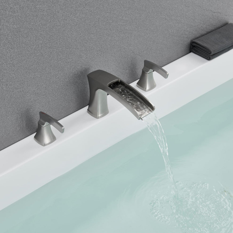 Brass Bathtub Faucet with Wide Waterfall Spout and Two Handle Control, Brushed Nickel