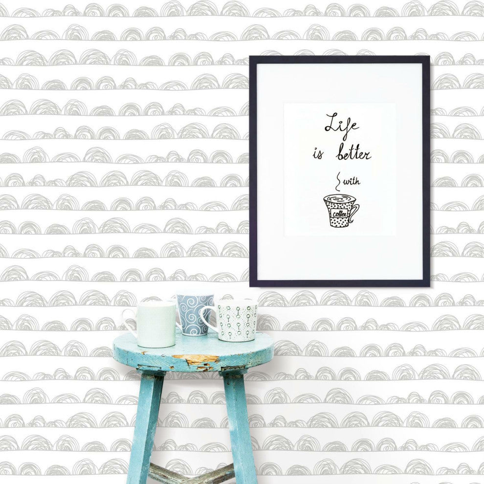 White & Gray Doodle Scallop Peel & Stick Wallpaper