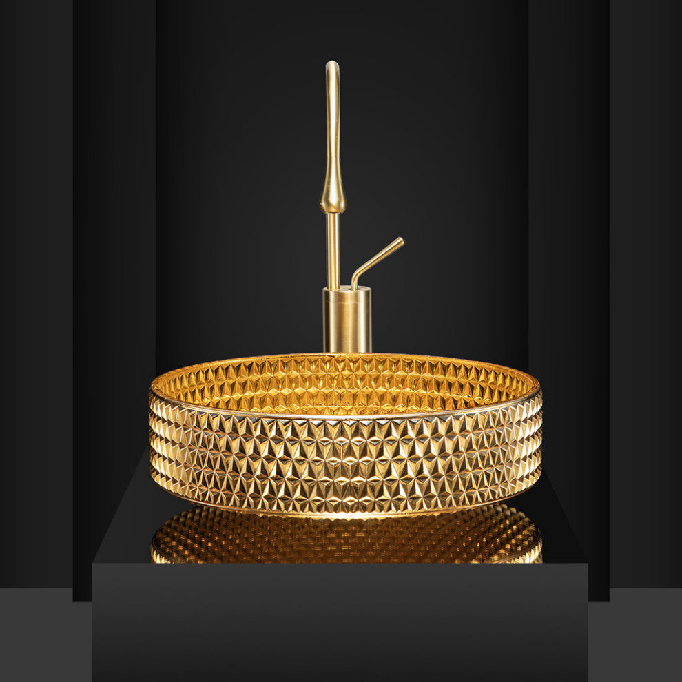 Vessel Transparent Diamond Shaped Crystal Glass Bathroom Wash Sink, Gold