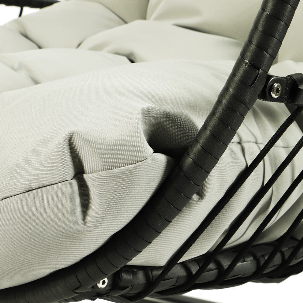 Outdoor Patio Swing Chair Egg Hanging With Cushion and Pillow, Black Beige