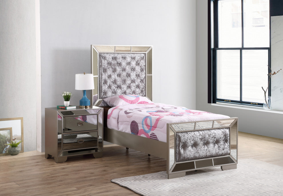 Galera Tufted and Mirrored Bed, Gray, Twin